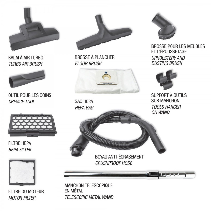 Canister Vacuum - Johnny Vac Silenzio - HEPA Filtration - HEPA Bag - Wessel-Werk Turbo Air Nozzle - Telescopic Handle - Set of Brushes