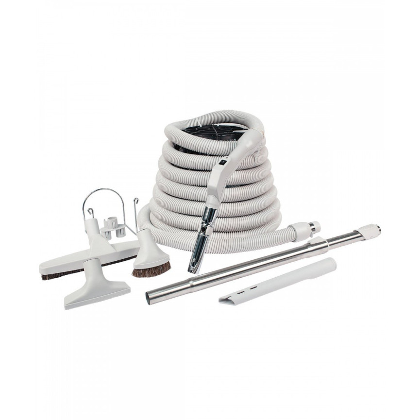 Central Vacuum Cleaner Kit - 35' (10 m) Hose with On/Off Switch - Floor Brush - Dusting Brush - Upholstery Brush - Crevice Tool - Telescopic Wand - Plastic Tool Caddy on Wand - Metal Hose Hanger - Grey