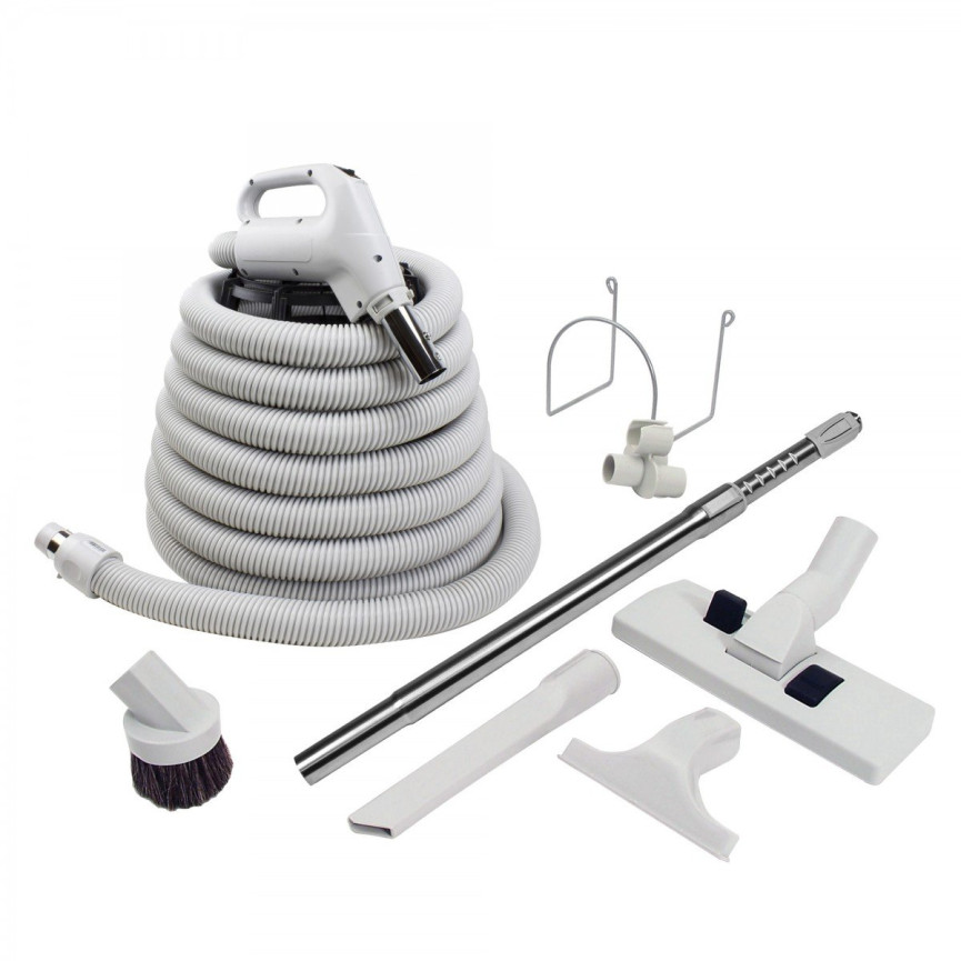 Central Vacuum Kit - 30' (9 m) Hose - Combined Floor and Carpet Brush Wessel-Werk - Dusting Brush - Upholstery Brush - Crevice Tool - Telescopic Wand - Hose and Tools Hangers - Grey
