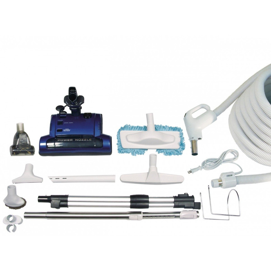 Central Vacuum Kit - 30' (9 m) Electrical Hose - Blue Power Nozzle - Mini Air Nozzle - Floor Brush - Dusting Brush - Upholstery Brush - Microfiber Brush - Telescopic Wand - Hangers - Grey