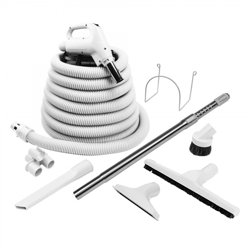 Central Vacuum Kit - 40' (12 m) Hose - Floor Brush with Wheels - Dusting Brush - Crevice Tool - Telescopic Wand - Hose and Tools Hangers - Grey