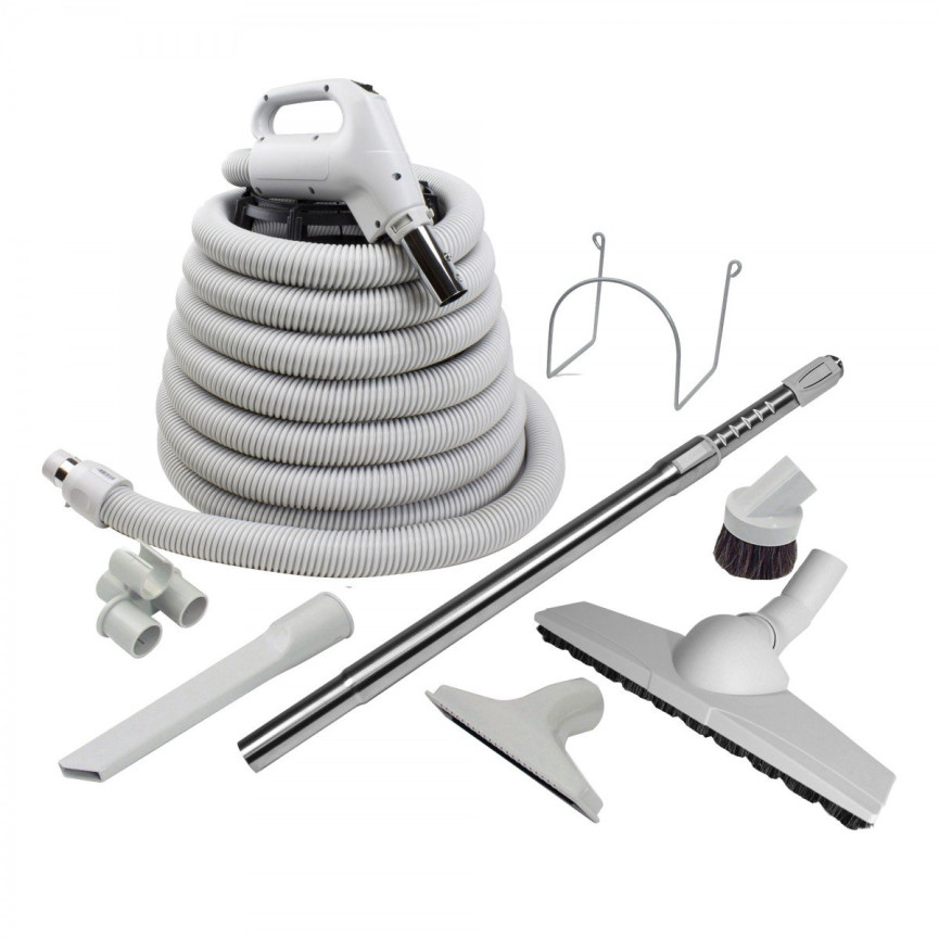 Central Vacuum Kit - 40' (12 m) Hose - Floor Brush Wessek-Werk - Dusting Brush - Upholstery Brush - Crevice Tool - Telescopic Wand - Hose and Tools Hangers - Grey