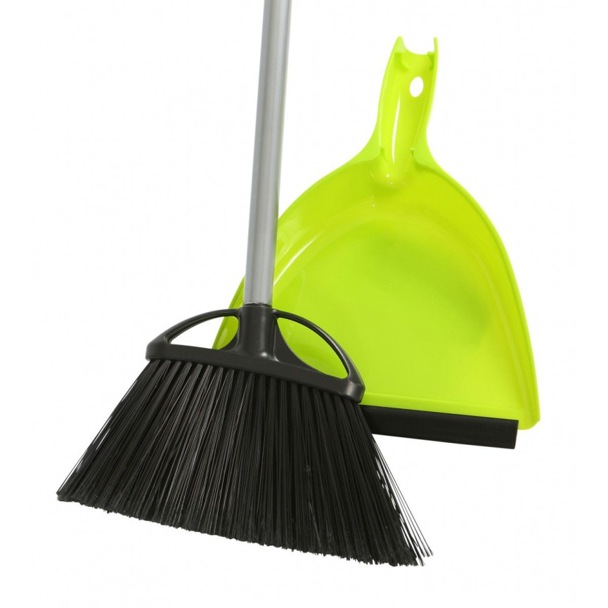 Combo - Angle Broom - 10" (25,4 cm) Cleaning Path - 48" (122 cm) Metal Handle - Black - 9" (22.9 cm) Dust Pan - Snap On - Lime