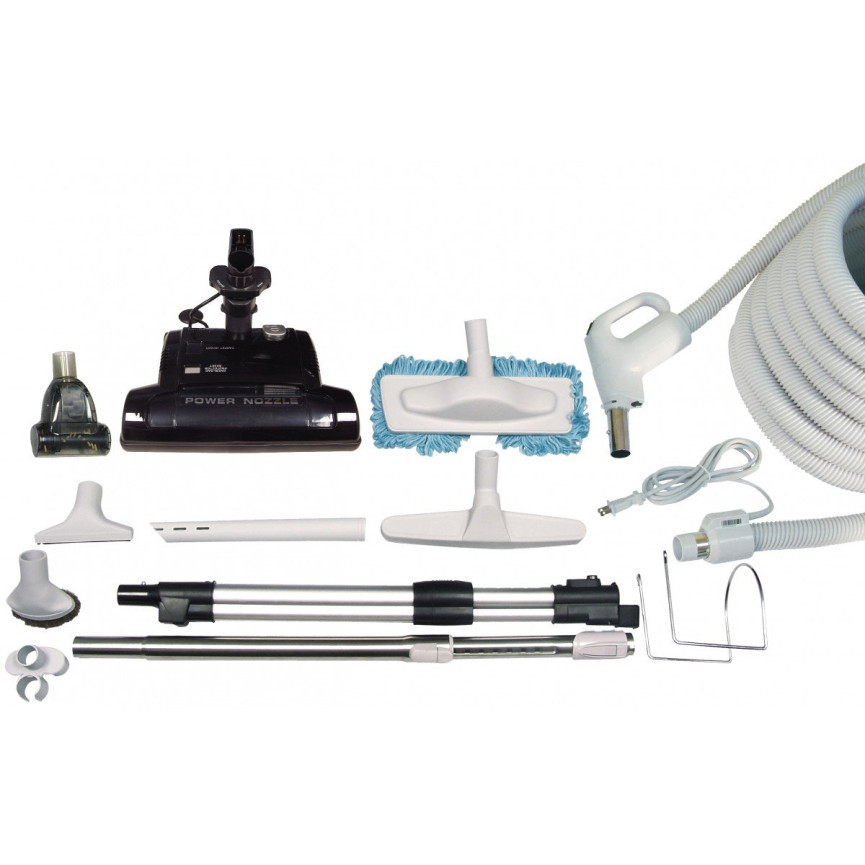 Central Vacuum Kit - 30' (9 m) Electrical Hose - Black Power Nozzle - Mini Air Nozzle - Floor Brush - Dusting Brush - Upholstery Brush - Microfiber Brush - Telescopic Wand - Hangers - Grey
