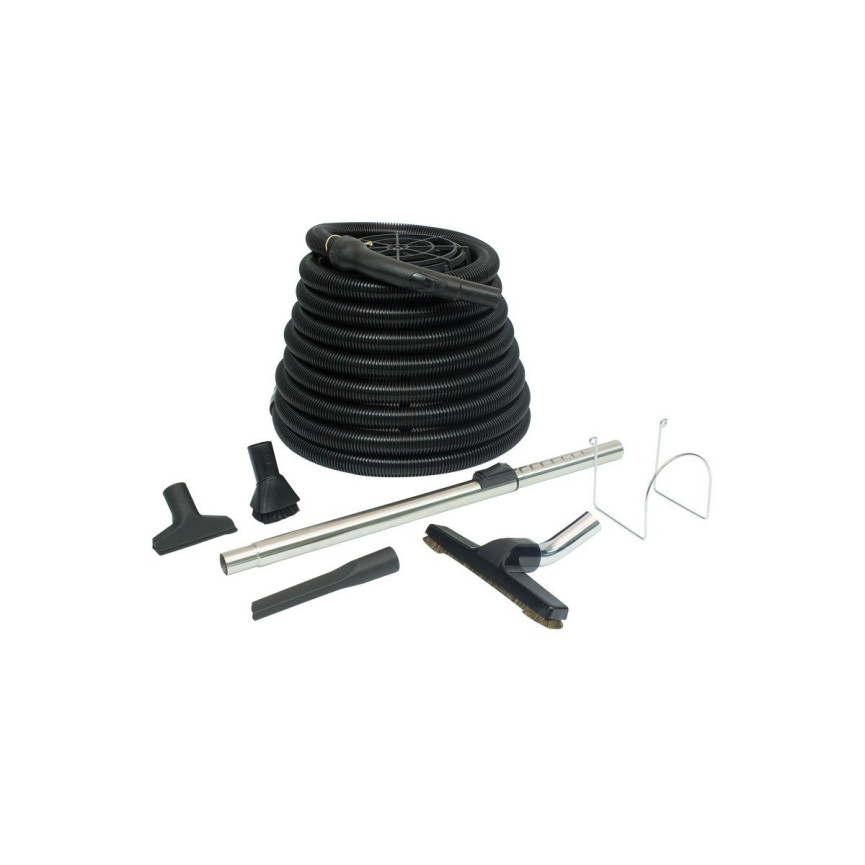 Central Vacuum Kit for Garage - 30' (9 m) Hose - Floor Brush - Upholstery Brush - Dust Brush - Metal Telescopic Wand - Metal Hose Hanger - Black