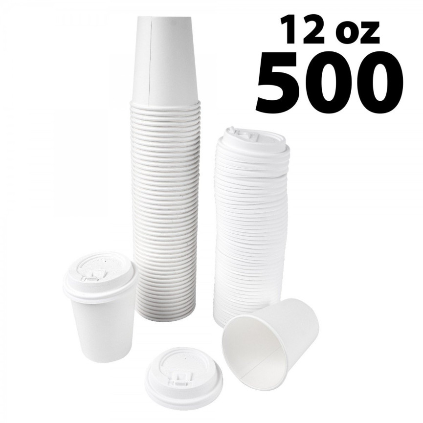 Disposable White Coffee Cups & covers - 12 oz -500 pack