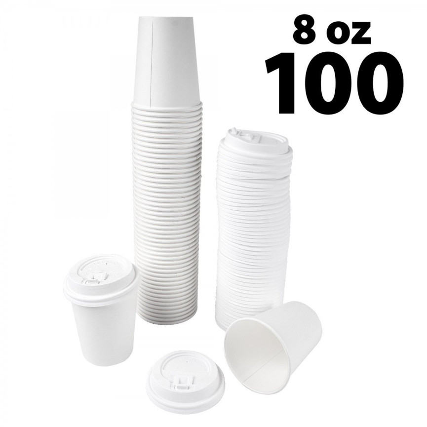 Disposable White Coffee Cups & covers - 8 oz -100 pack - Ecofriendly
