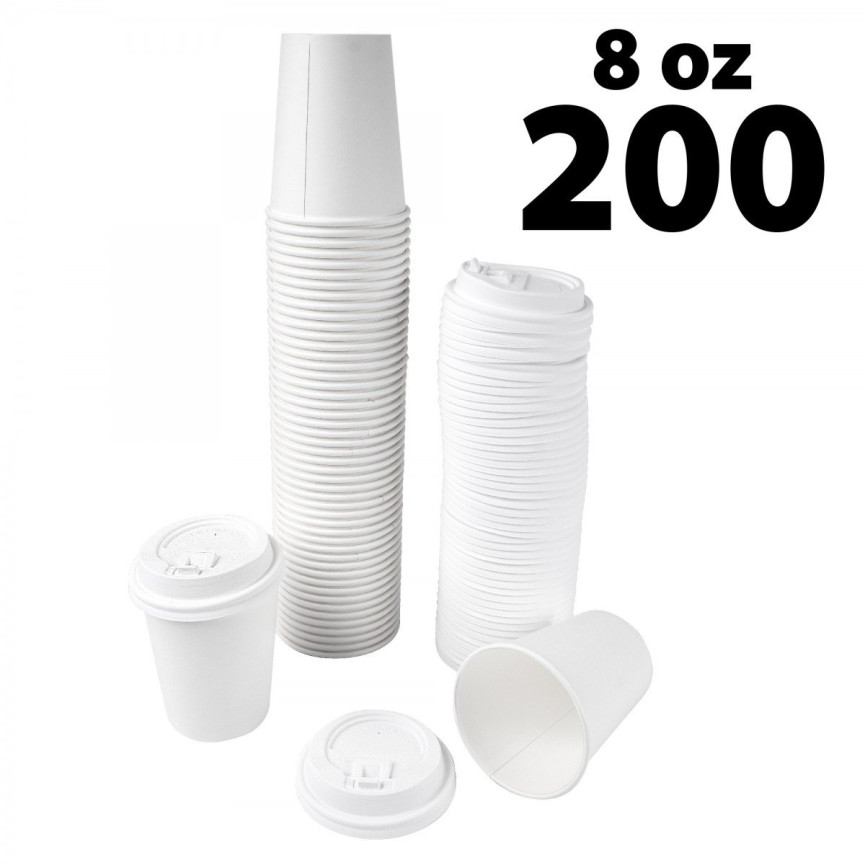 Disposable White Coffee Cups & covers - 8 oz -100 pack - Ecofriendly