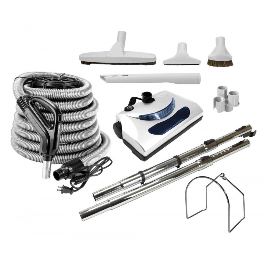 Central Vacuum Kit - 35' (10 m) Silver Electrical Hose - Power Nozzle - Floor Brush - Dusting Brush - Upholstery Brush - Crevice Tool - 2 Telescopic Wands - Hose and Tools Hangers - Grey