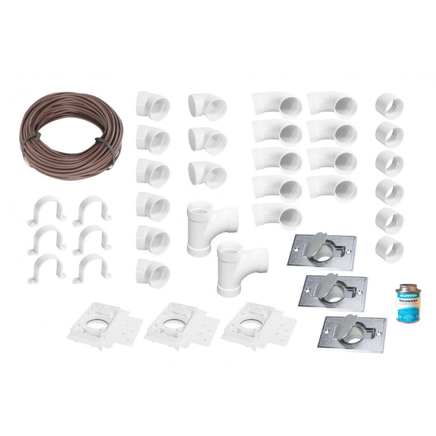 Installation Kit for Central Vacuum - 3 Brass Finish Inlets - with Accessories