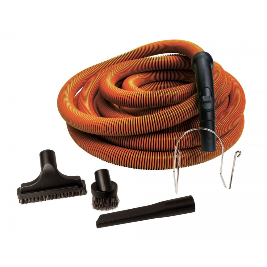 Garage Central Vacuum Kit - 50' (15 m) Orange Hose - Dusting Brush - Upholstery Brush - Crevice Tool - Hose Hanger - Black