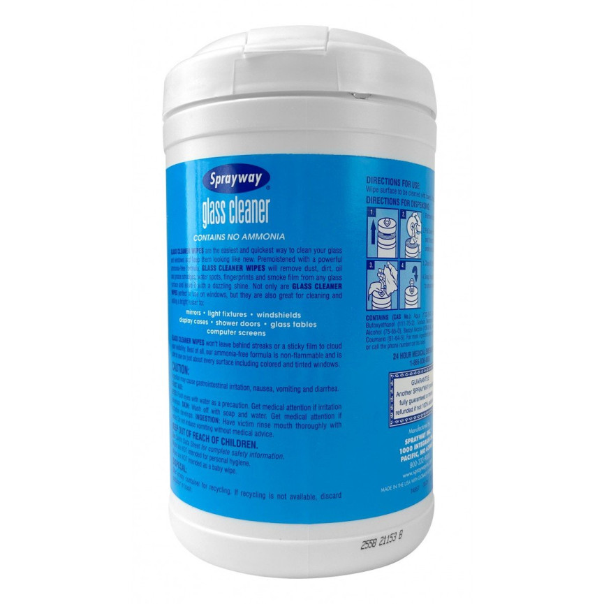 Glass Cleaner Wipes - Ammonia Free - Sprayway - 40 Wipes 10" x 12"