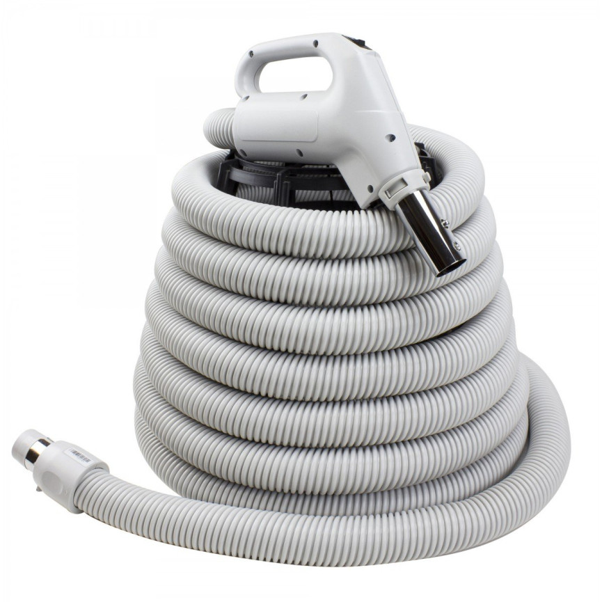 Hose for Central Vacuum - 30' (9 m) - 1 3/8" (35 mm) dia - Grey - Gas Pump Handle - On/Off Button - Button Lock - Plastiflex XZ130138030BU3