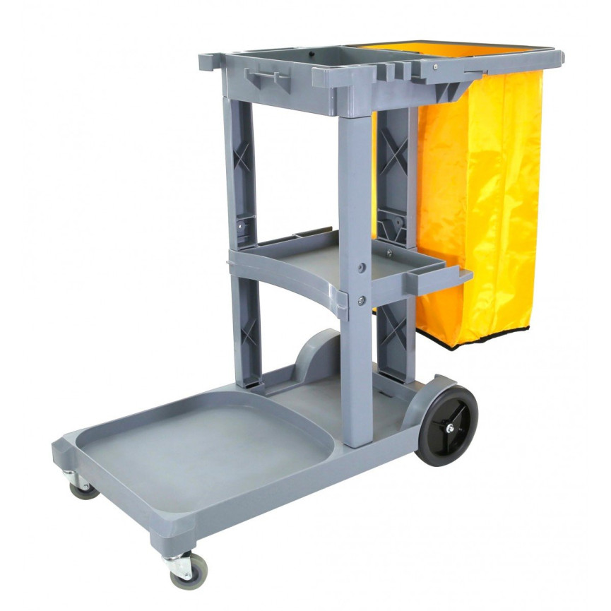 Janitor Cart with Front Casters & Non-Marking Rear Wheels - Polyester Garbage Bag Support - 3 Shelves - Grey