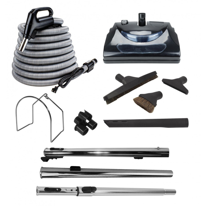 Central Vacuum Accessories Kit - 35' (10,6 m) Electrical Hose - Power Nozzle - Floor Brush - Dusting Brush - Upholstery Brush - Crevice Tool - 3 Telescopic Wands - Hose and Tools Hanger
