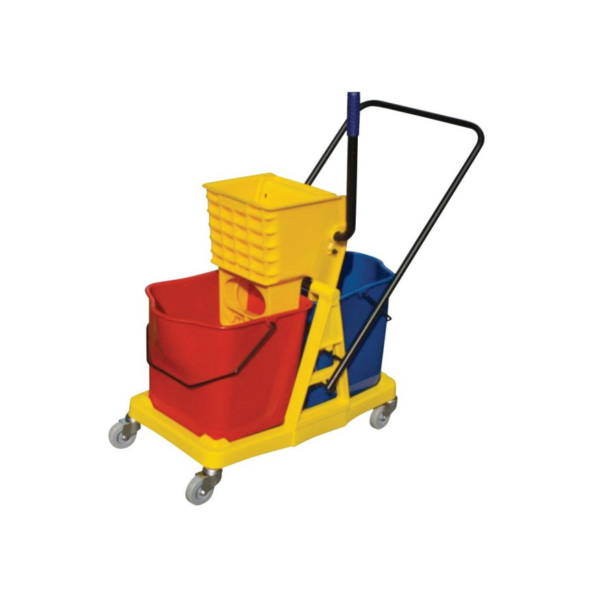 Mobile Mopping Trolley with Buckets and Side Press Wringer - 12 gal (46 L) - Red, Blue and Yellow