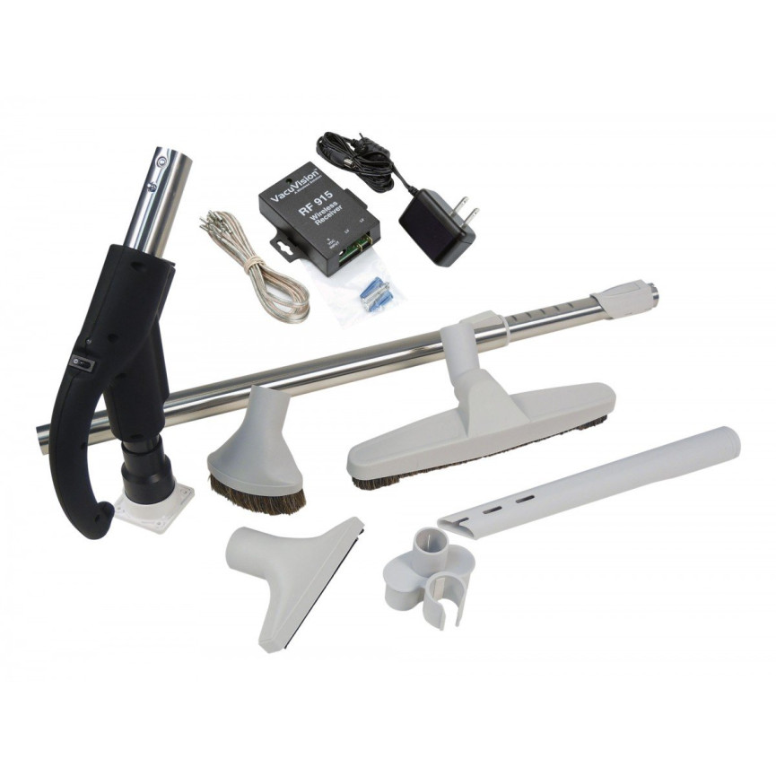 Central Vacuum Kit - Handle with Union and Button Lock Hide-A-Hose - 12" (30.5 cm) Floor Brush - Dust and Upholstery Brushes - Crevice Tool - Tool Hanger - Telescopic Wand - Grey - HHKITEZ24