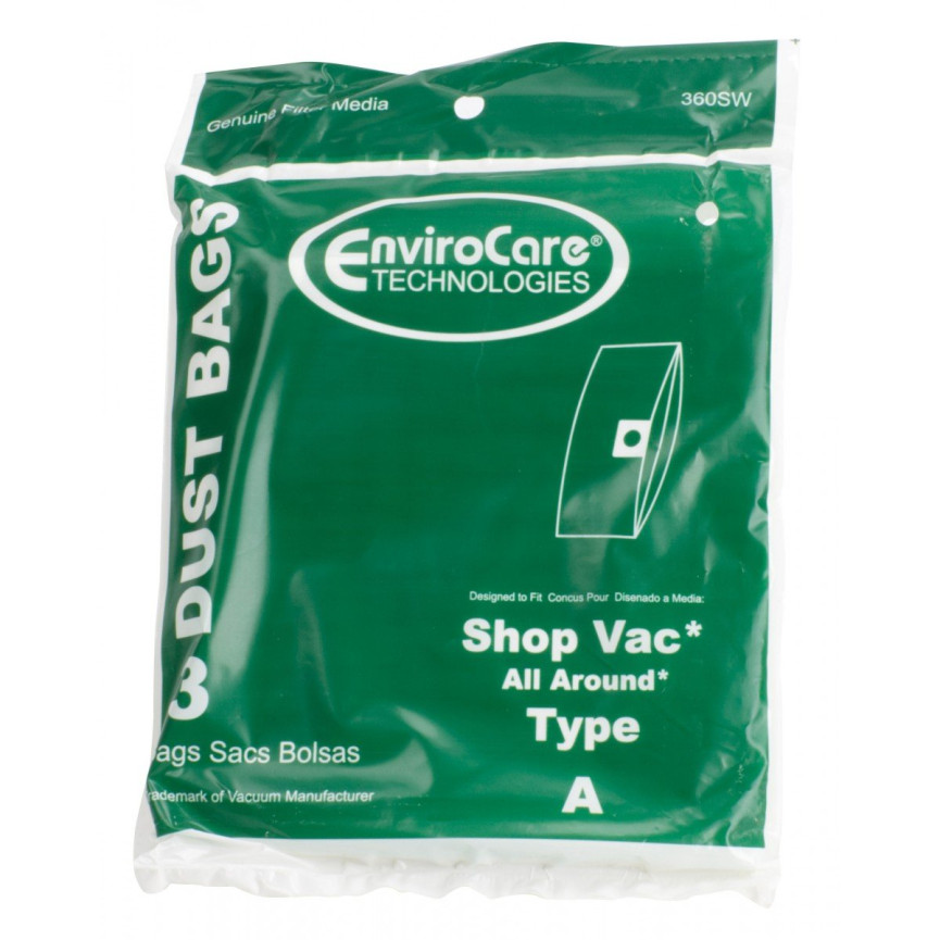 Paper Bag for Shop Vac Vacuum Type A - Tank Capacity of 1.25 gallons (5.7 L) - Pack of 3 Bags - Envirocare 360SW