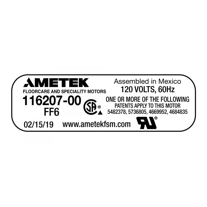 Tangential Vacuum Motor - 5.7" dia - 2 Fans - 120 V - 9.1 A - 1041 W - 300 Airwatts - 91.3" Water Lift - 104 CFM - Lamb / Ametek 116207-00 (B)