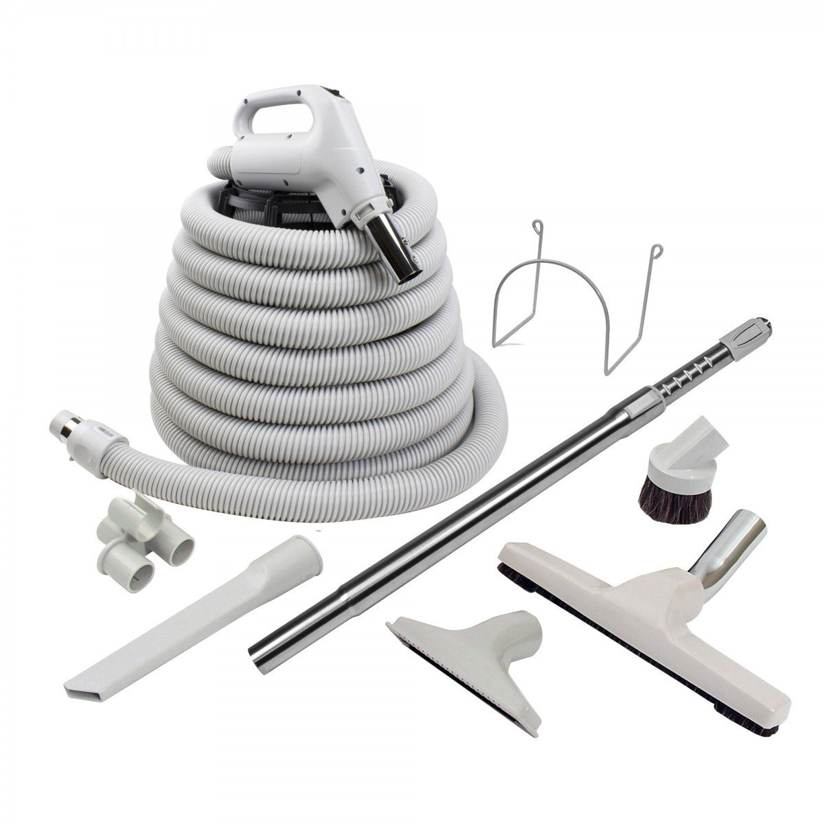 Central Vacuum Kit - 30' (9 m) Hose - Floor Brush - Upholstery Brush - Crevice Tool - Telescopic Wand - Hose and Tools Hangers - Grey