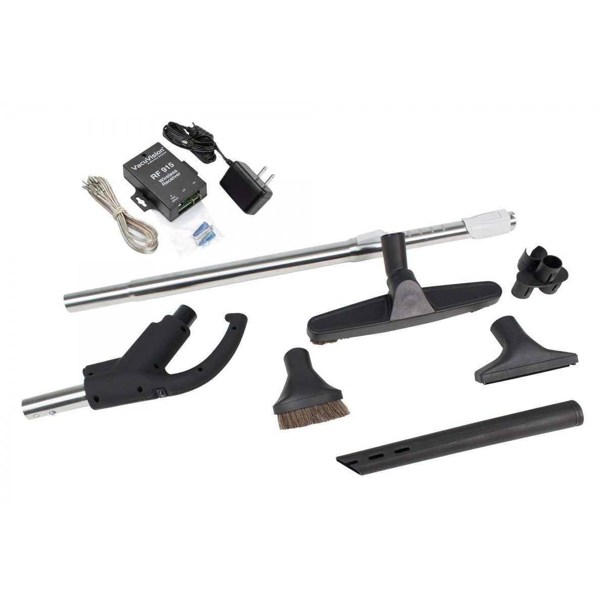 Central Vacuum Kit - Handle with Union and Button Lock Hide-A-Hose - 12" (30.5 cm) Floor Brush - Dusting and Upholstery Brushes - Crevice Tool - Tool Hanger - Telescopic Wand - Black - HHKITEZ24BK