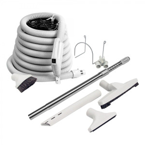 Central Vacuum Cleaner Kit - 30' (9 m) Hose - Gas Pump Handle - Floor Brush - Dusting Brush - Upholstery Brush - Crevice Tool - Telescopic Wand - Plastic Tool Caddy on Wand - Metal Hose Hanger - Grey