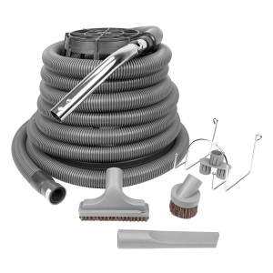Central Vacuum Kit for Garage - 30' (9 m) Grey Hose - Dusting Brush - Upholstery Brush - Crevice Tool - Metal Hose Hanger - Grey