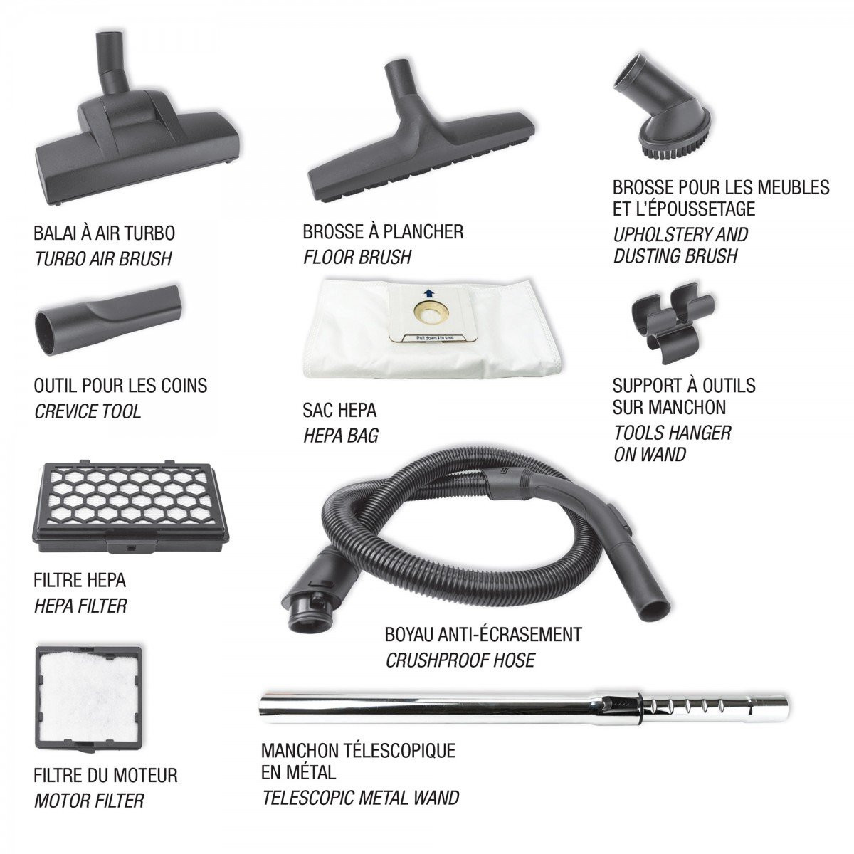 Canister Vacuum - Johnny Vac Silenzio - HEPA Filtration - HEPA Bag - Wessel-Werk Turbo Air Nozzle - Telescopic Handle - Set of Brushes