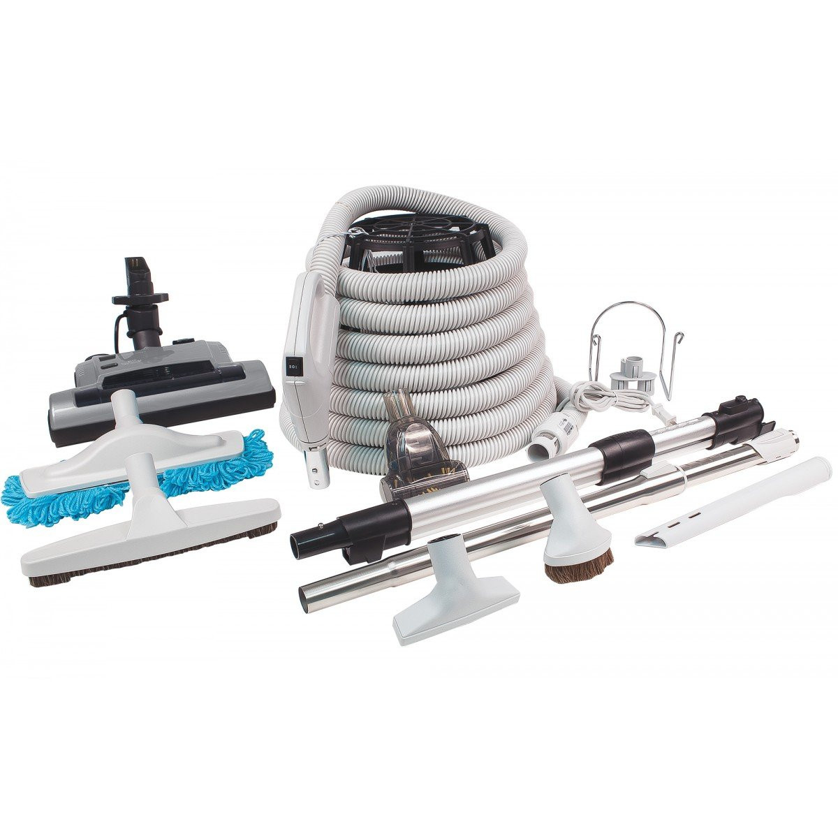 Central Vacuum Kit - 30' (9 m) Electrical Hose - Silver Power Nozzle - Mini Air Nozzle - Floor Brush - Dusting Brush - Upholstery Brush - Microfiber Brush - Telescopic Wand - Hangers - Grey