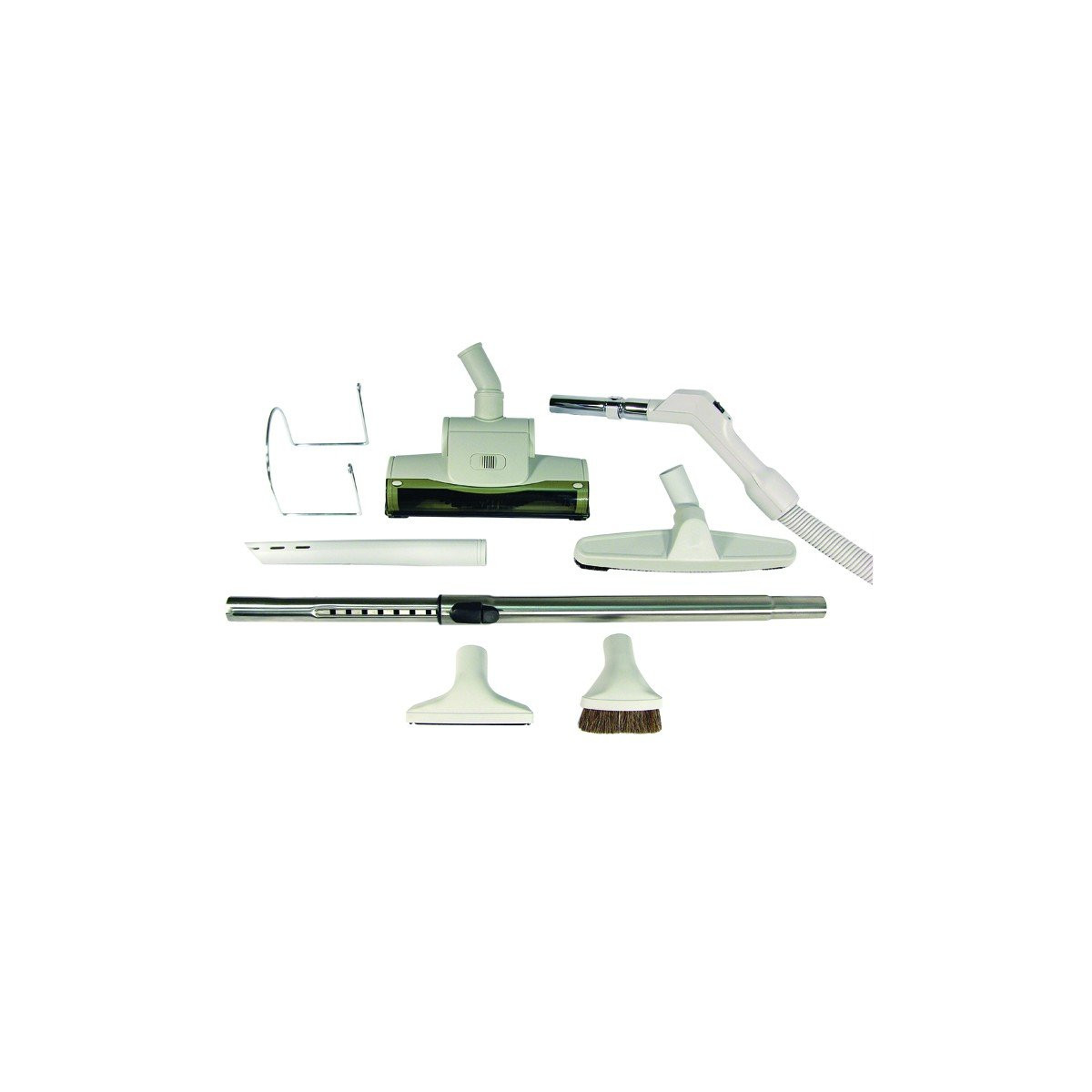 Central Vacuum Kit - 30' (9 m) Hose - Air Nozzle - Floor Brush - Dusting Brush - Upholstery Brush - Crevice Tool - Telescopic Wand - Hose and Tools Hangers - Grey
