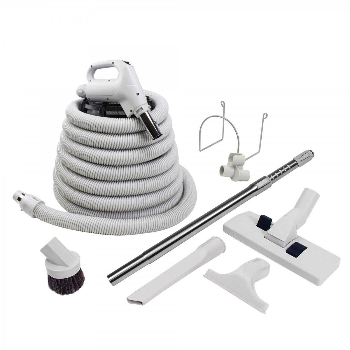 Central Vacuum Kit - 30' (9 m) Hose - Combined Floor and Carpet Brush Wessel-Werk - Dusting Brush - Upholstery Brush - Crevice Tool - Telescopic Wand - Hose and Tools Hangers - Grey