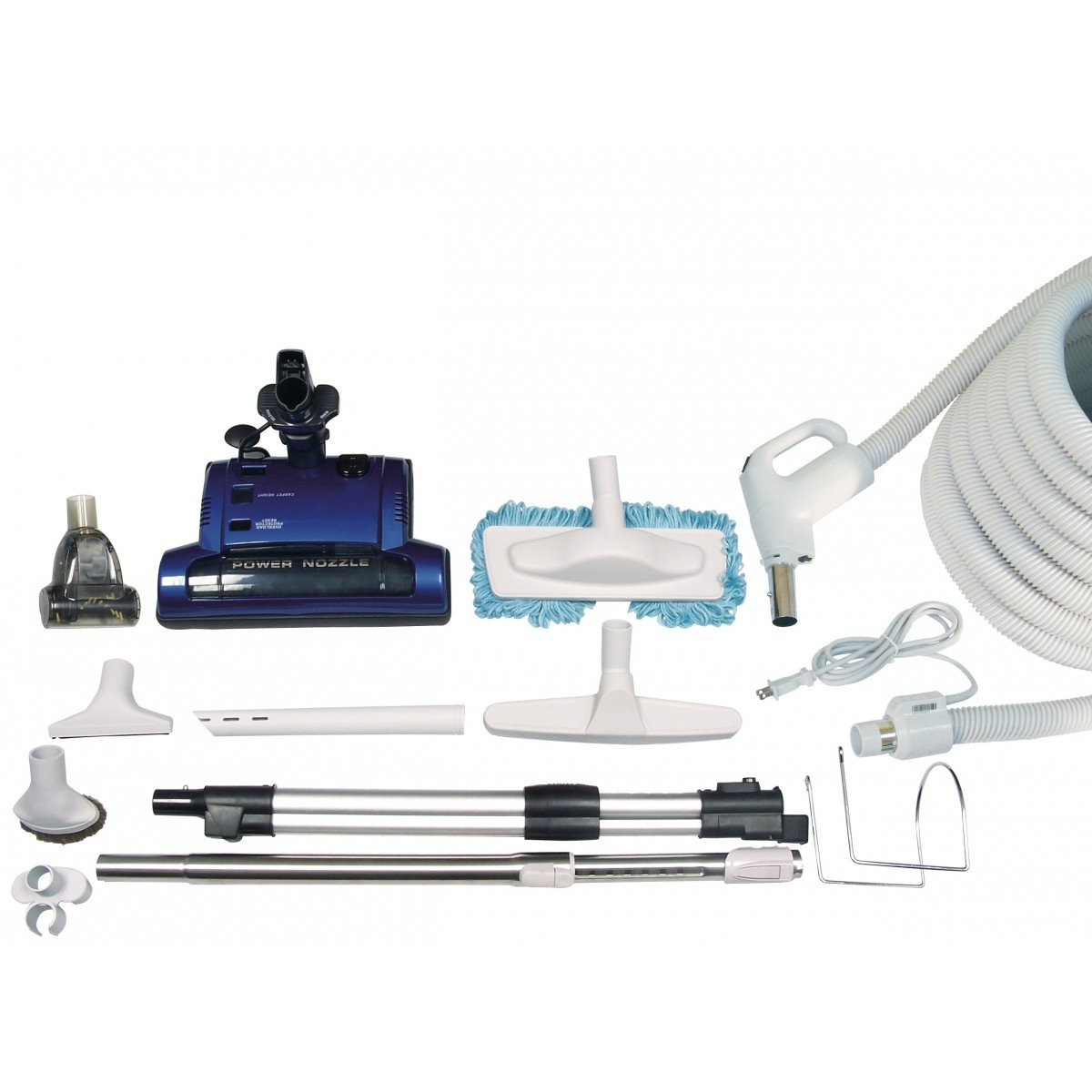 Central Vacuum Kit - 30' (9 m) Electrical Hose - Blue Power Nozzle - Mini Air Nozzle - Floor Brush - Dusting Brush - Upholstery Brush - Microfiber Brush - Telescopic Wand - Hangers - Grey