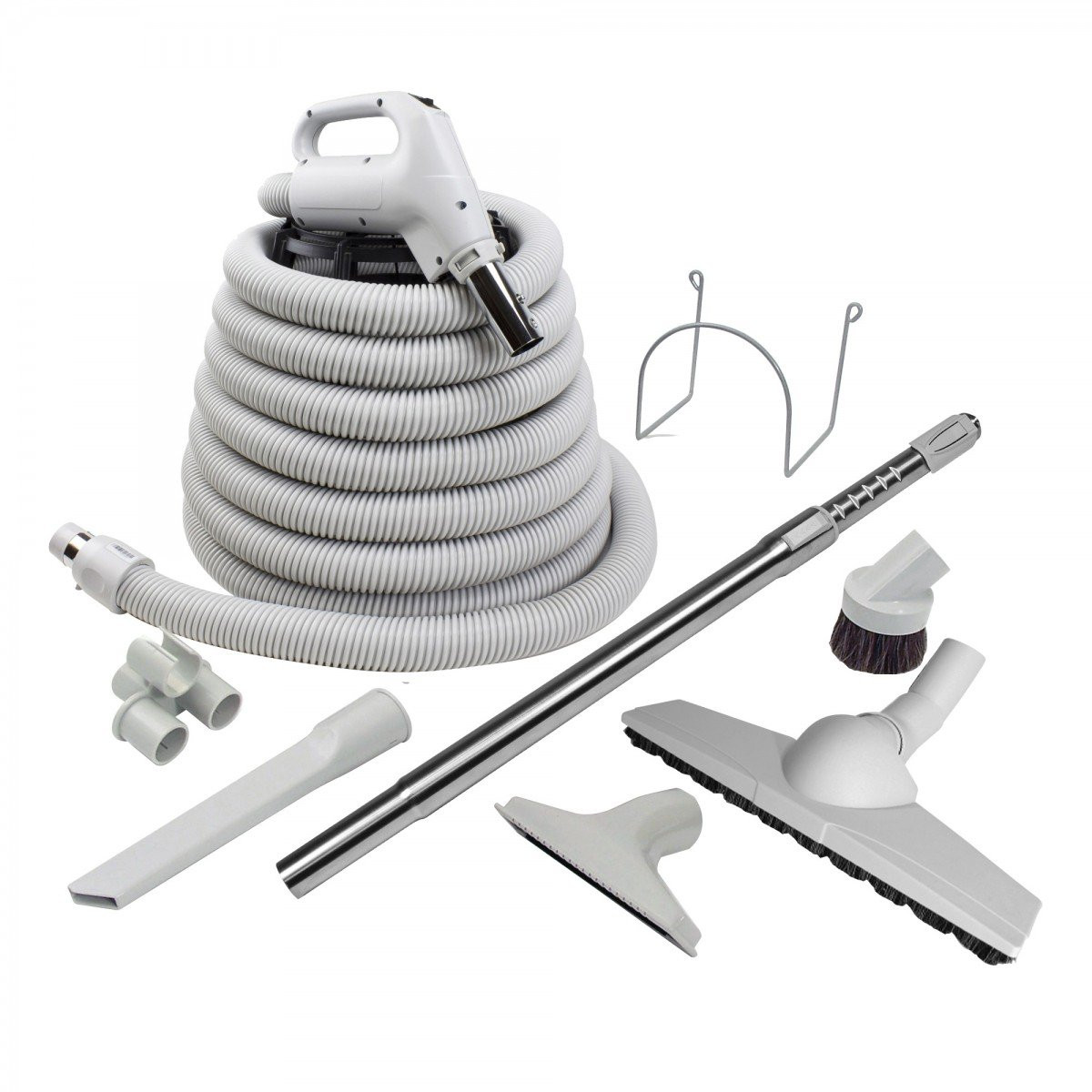 Central Vacuum Kit - 30' (9 m) Hose - Floor Brush Wessel-Werk - Dusting Brush - Upholstery Brush - Crevice Tool - Telescopic Wand - Hose and Tools Hangers - Grey