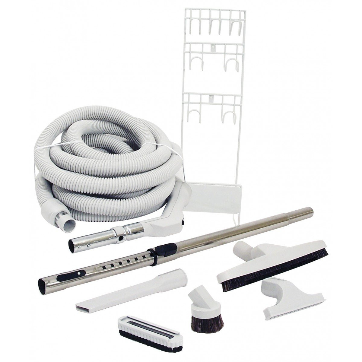 Central Vacuum Kit - 35' (10 m) Hose with On/Off Switch - Floor Brush - Dusting Brush - Upholstery Brush - Crevice Tool - Telescopic Wand