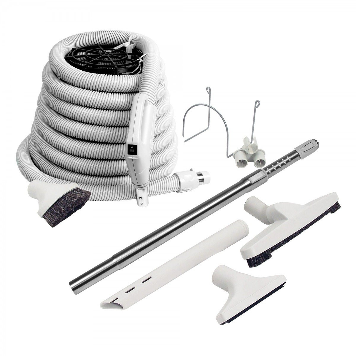 Central Vacuum Kit - 50' (15 m) Hose - Floor Brush - Dusting Brush - Upholstery Brush - Crevice Tool - Telescopic Wand - Hose and Tools Holders - Grey