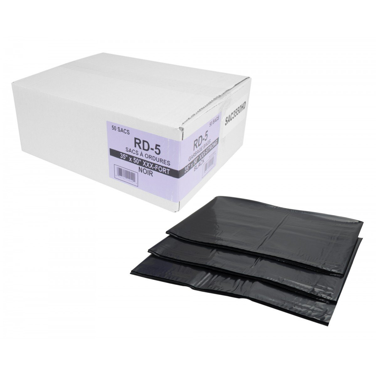 Commercial Garbage / Trash Bags - Extra X 3 Strong for Construction - 35" x 50" (88.9 cm x 127 cm) - Black - Box of 50