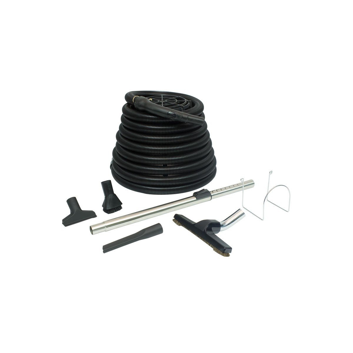 Central Vacuum Kit for Garage - 30' (9 m) Hose - Floor Brush - Upholstery Brush - Dust Brush - Metal Telescopic Wand - Metal Hose Hanger - Black