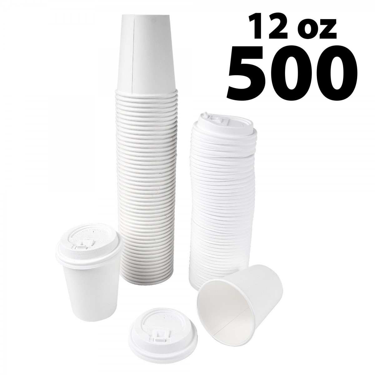 Disposable White Coffee Cups & covers - 12 oz -500 pack