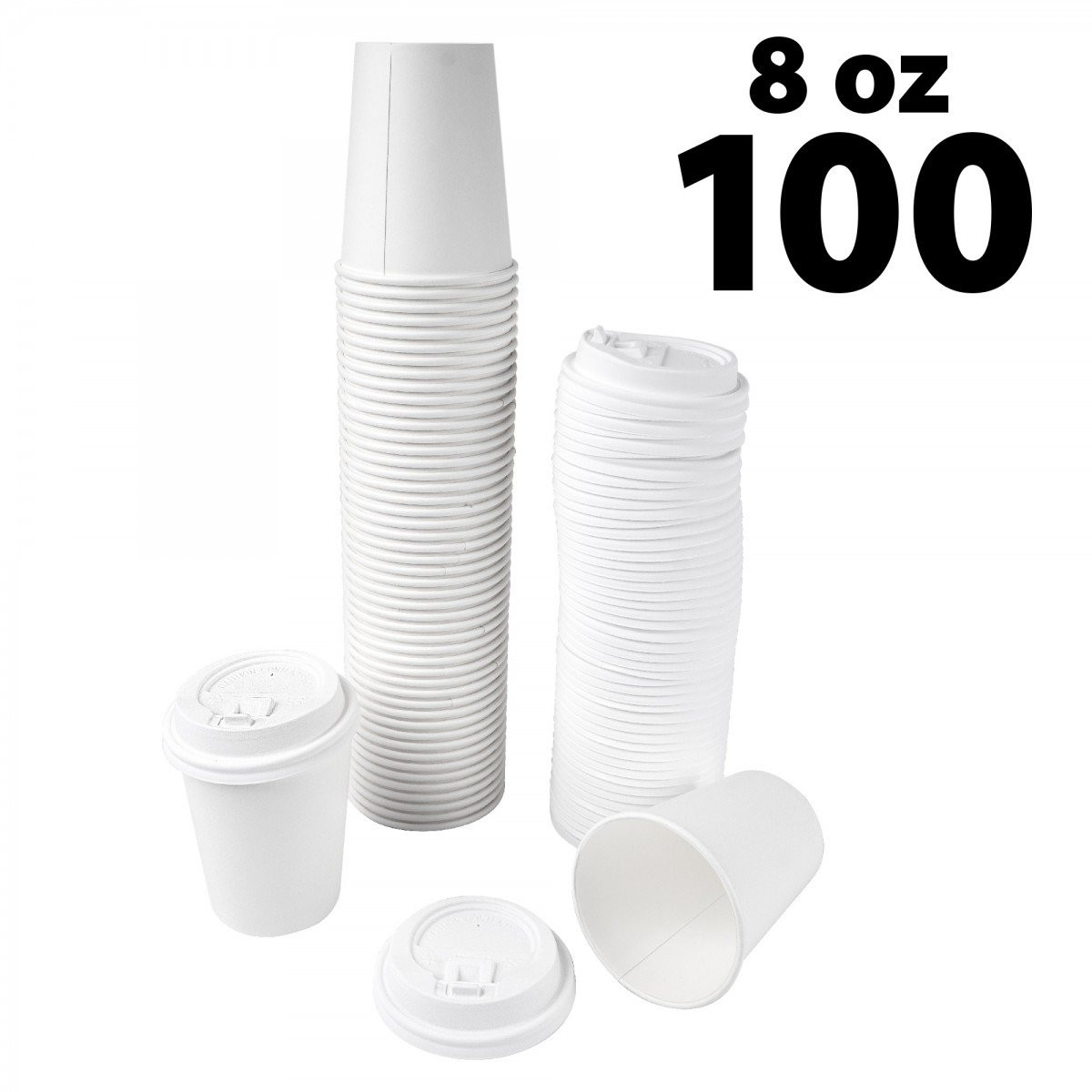 Disposable White Coffee Cups & covers - 8 oz -100 pack - Ecofriendly