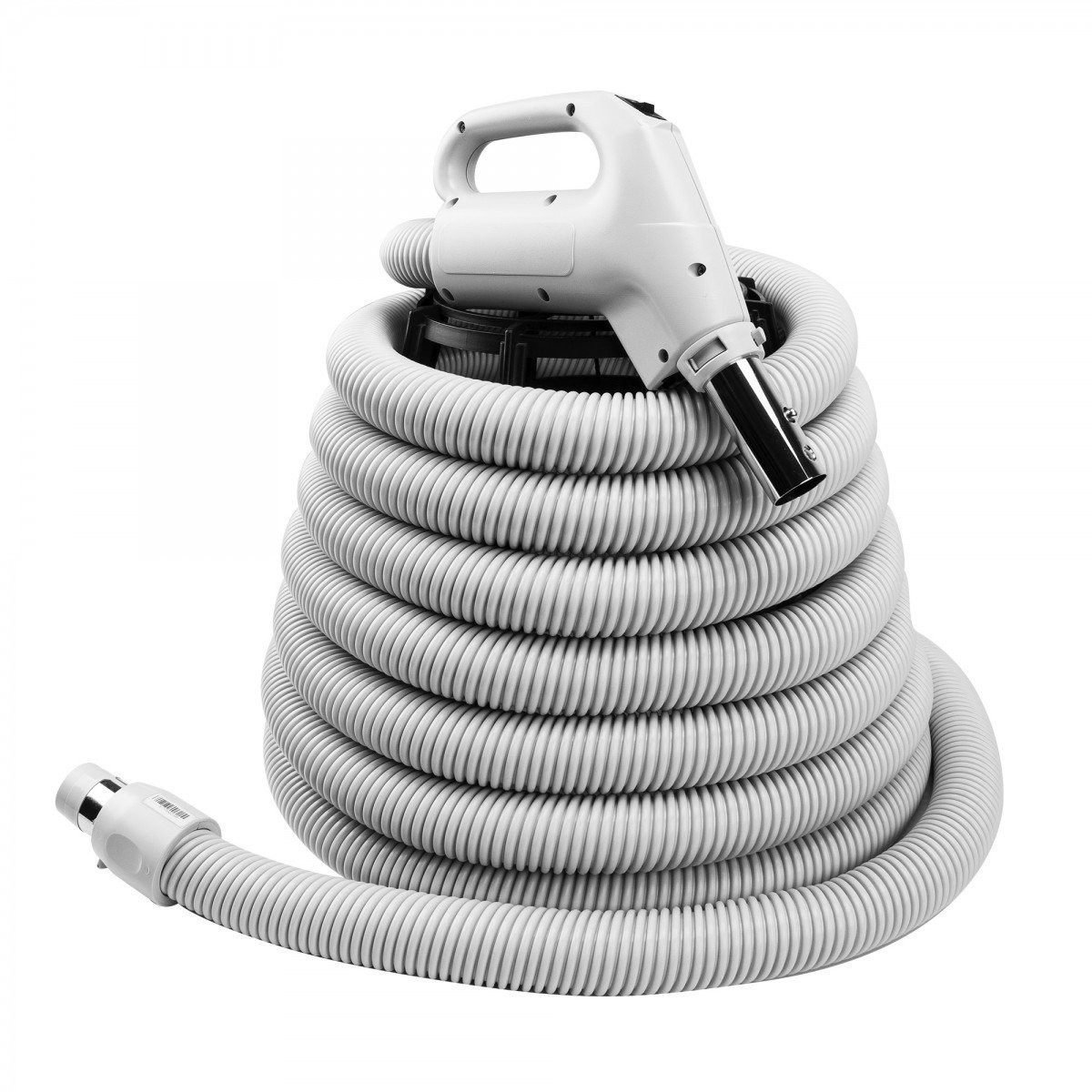 Hose for Central Vacuum - 35' (10 m) - 1 3/8" (35 mm) dia - Silver - Gas Pump Handle - On/Off Button - Button Lock - Plastiflex XZ130138035BU3
