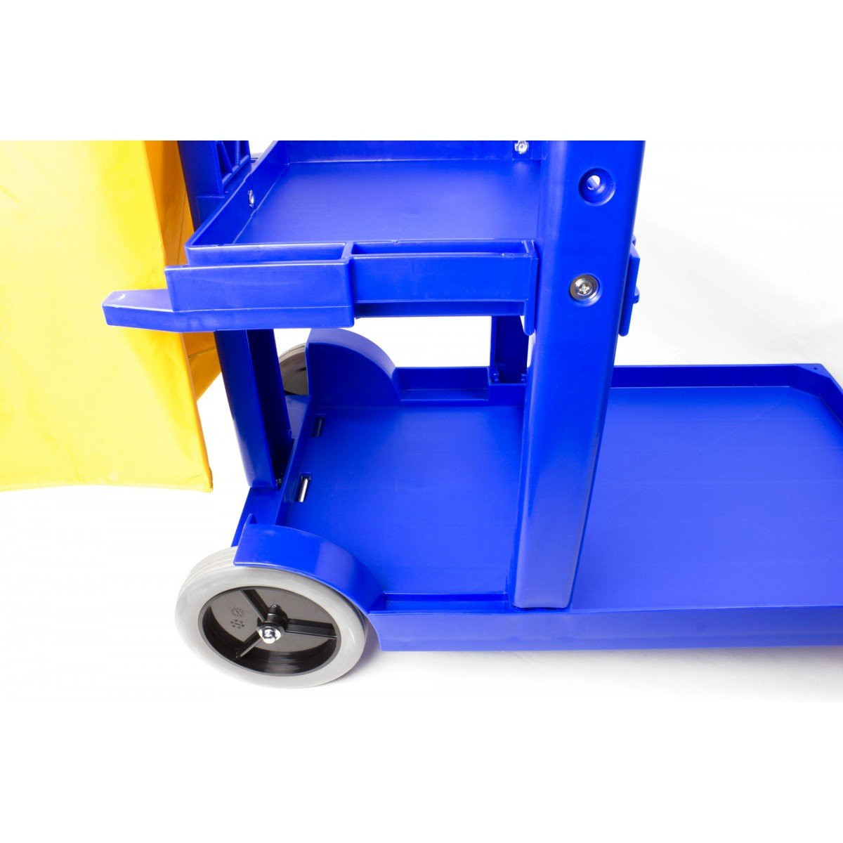 Janitor Cart with Front Casters & Non-Marking Rear Wheels - Polyester Garbage Bag Support - 3 Shelves - Blue
