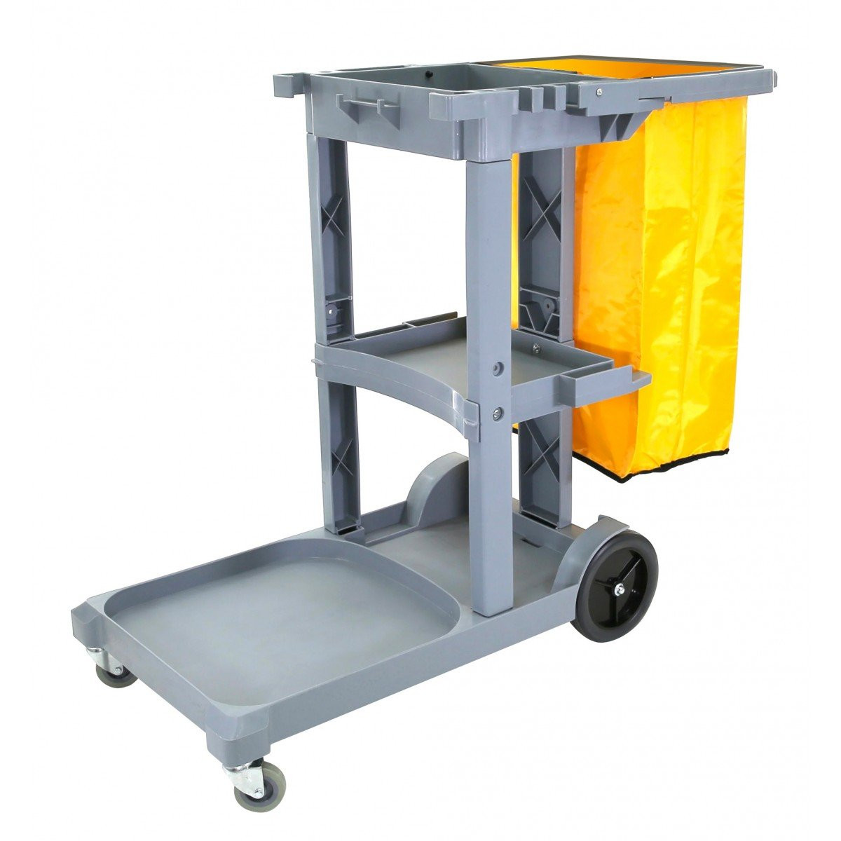 Janitor Cart with Front Casters & Non-Marking Rear Wheels - Polyester Garbage Bag Support - 3 Shelves - Grey
