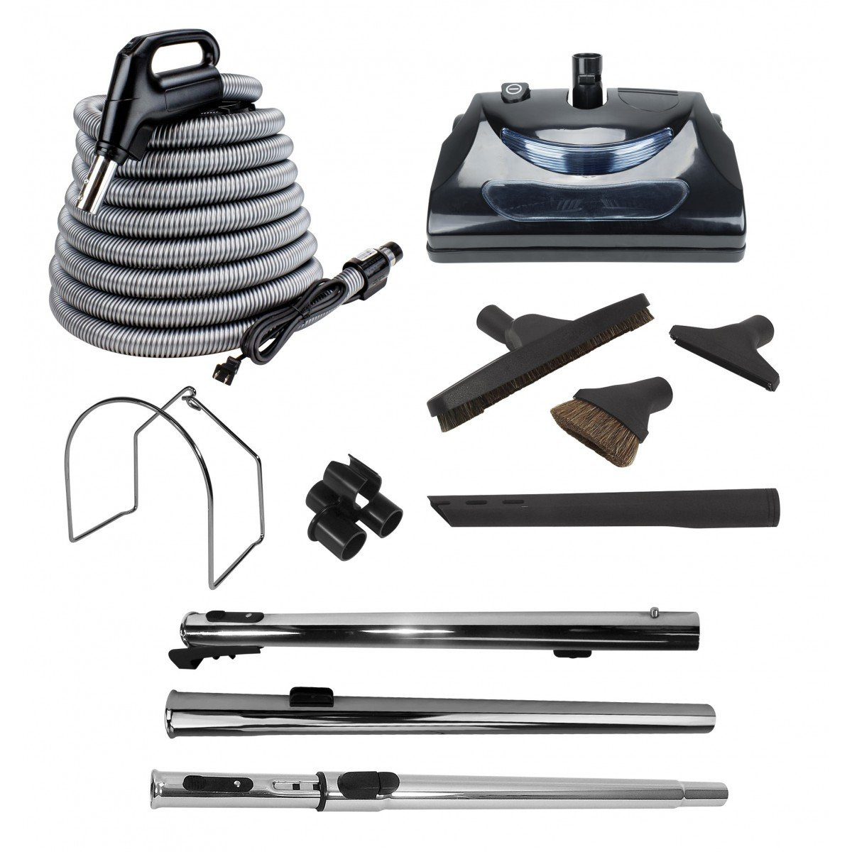 Central Vacuum Accessories Kit - 35' (10,6 m) Electrical Hose - Power Nozzle - Floor Brush - Dusting Brush - Upholstery Brush - Crevice Tool - 3 Telescopic Wands - Hose and Tools Hanger