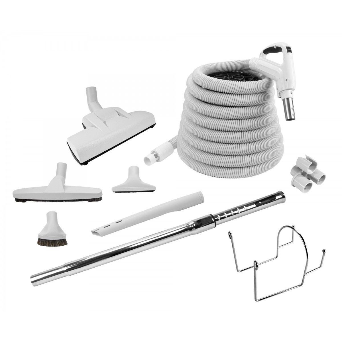 Central Vacuum Kit - 30' (9 m) Light grey Electrical Hose - Wessel-Werk Air Nozzle - Floor Brush - Dusting Brush - Upholstery Brush - Crevice Tool - Telescopic Wand - Hose and Tools Hangers - Grey