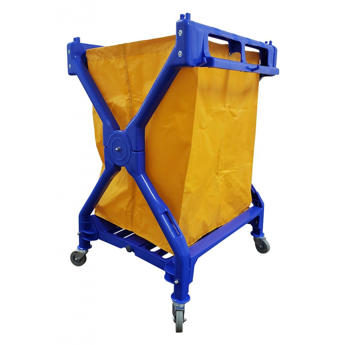 Commercial Folding X-Frame Laundry / Mail Cart - 4 Swivel Casters / Wheels - Polyester Bag Support - Blue