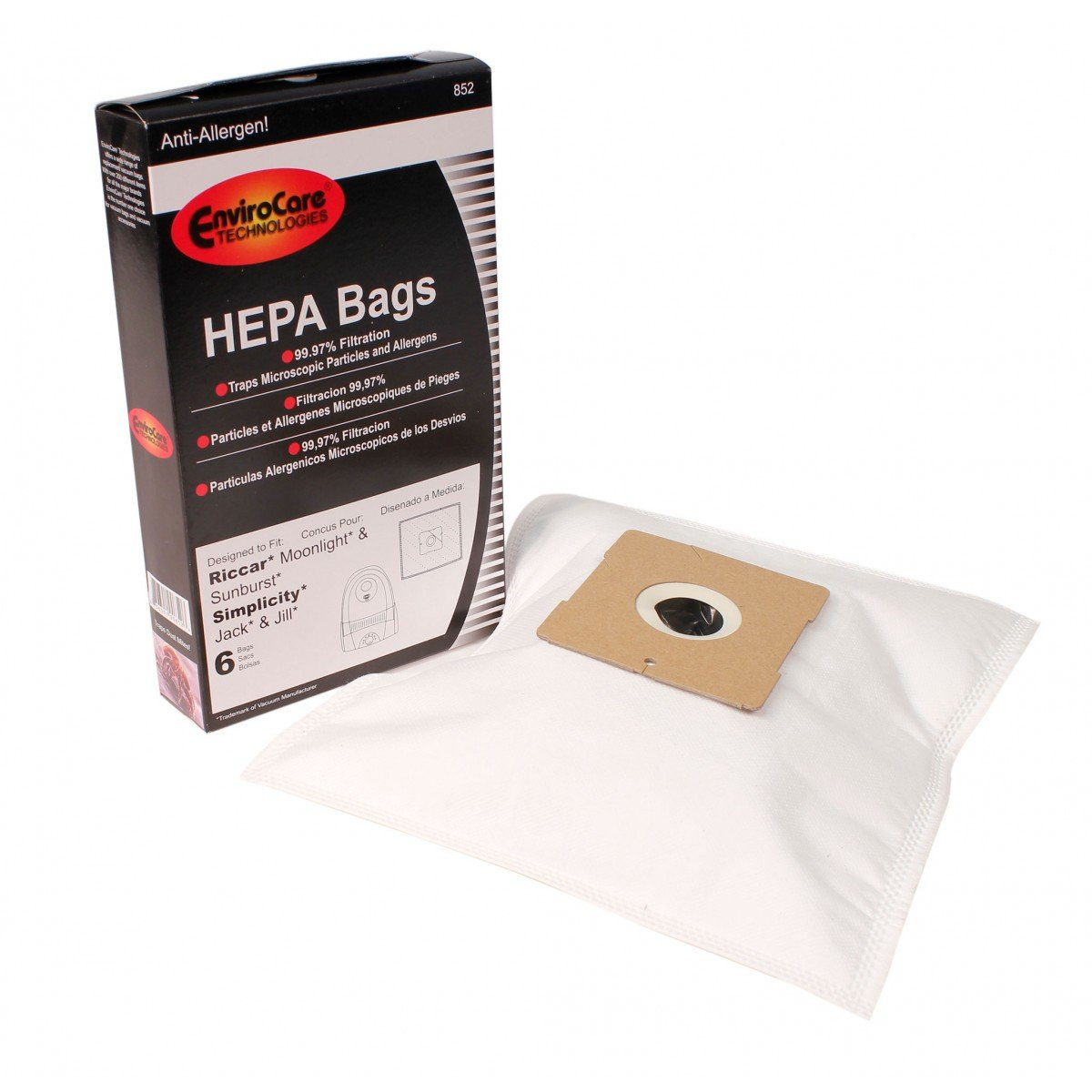 HEPA Microfilter Bag for Riccar Moonlight et Sunburst, Simplicity Jack et Jill Vacuum - Pack of 6 Bags - Envirocare 852
