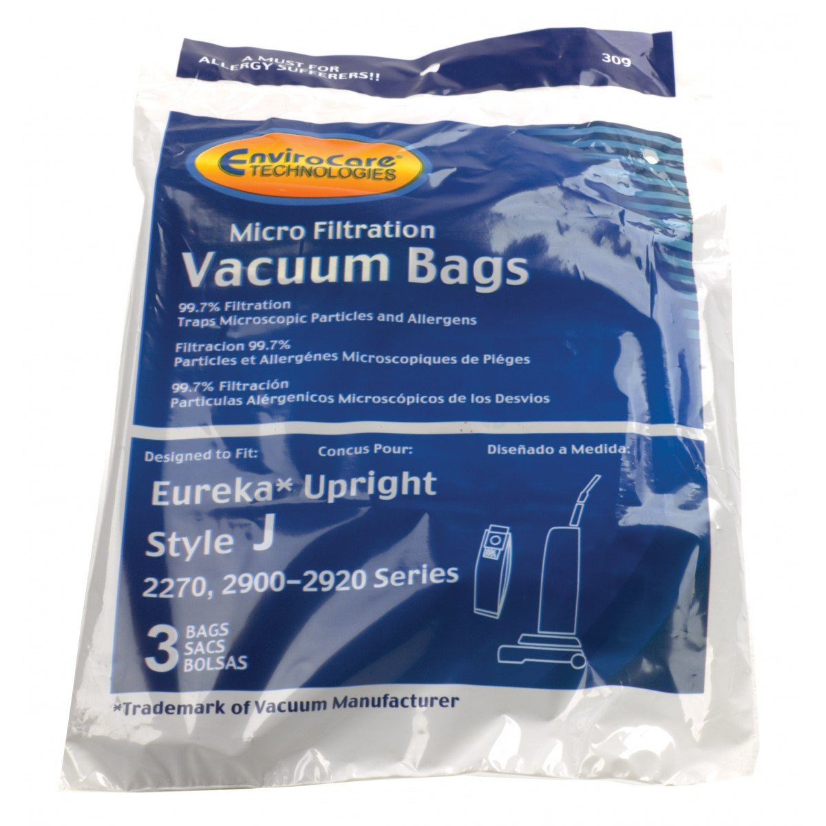 Microfilter Bag for Eureka Type J 2270, 2900-2920 Series Upright Vacuum - Pack of 3 Bags - Envirocare 309