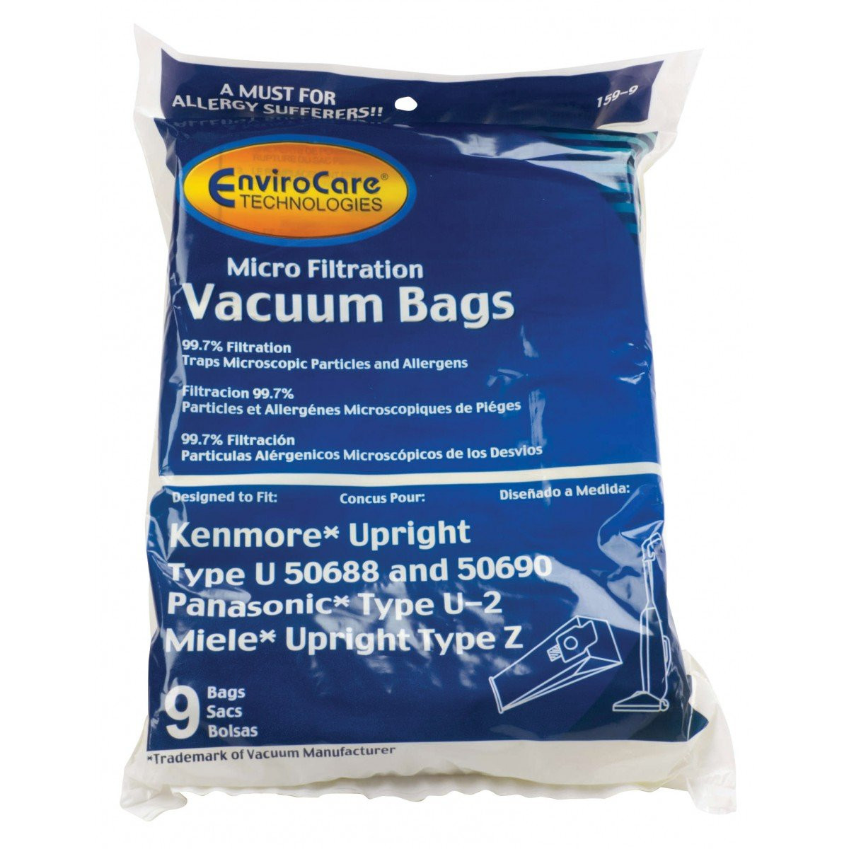 Microfilter Bag for Kenmore Type U 50688 et 50690, Miele Type Z and Panasonic Type U-2 Upright Vacuum - Pack of 9 Bags - Envirocare 159-9