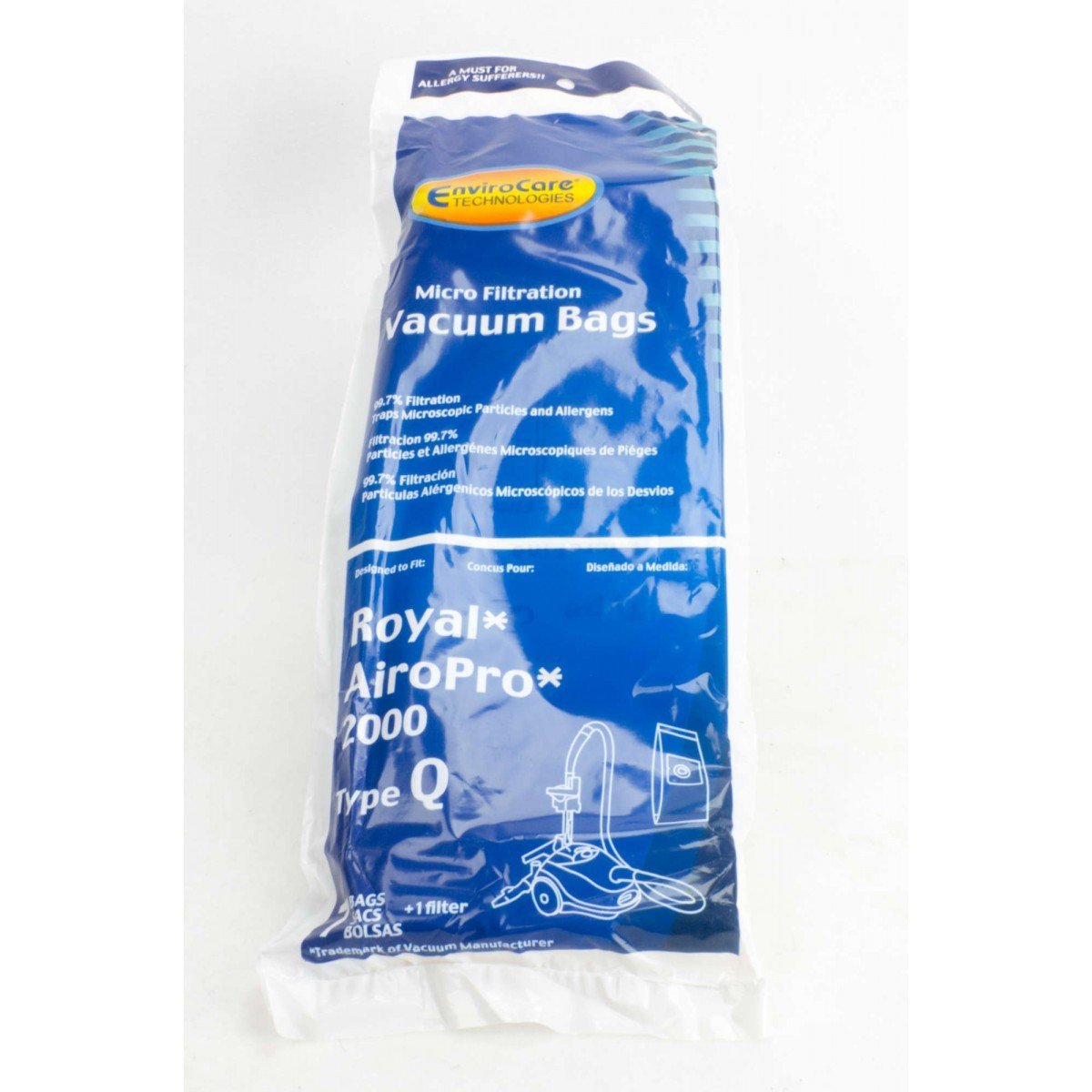 Microfilter Bag for Royal Air Pro 2000 Type Q Vacuum - Pack of 7 Bags + 1 Filter - Envirocare 214