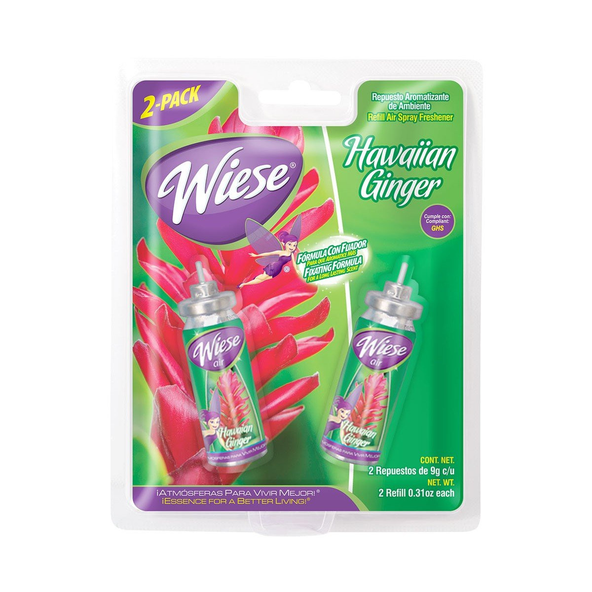 Refill for Air Spray Freshener for Mini Dispenser - Hawaiin Ginger Scent - 2 Bottles of 0.31 oz (9 g) - Wiese NAESM05